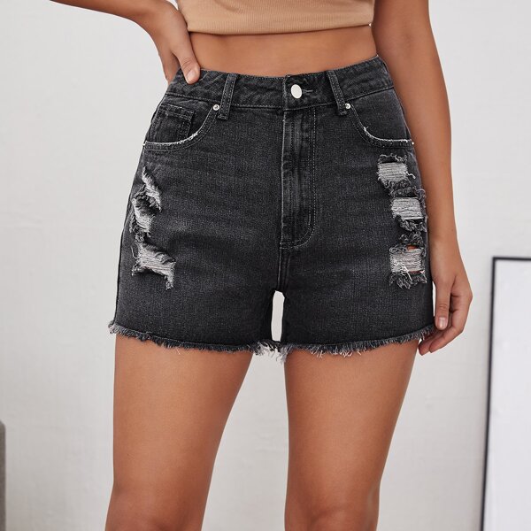 

Raw Hem Ripped Denim Shorts, Dark grey