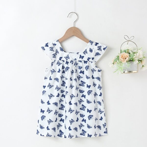 

Toddler Girls Butterfly Print Square Neck Dress, Blue and white