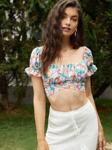 SHEIN VCAY Scoop Neck Puff Sleeve Tie Back Floral Top - Multicolor - View 4