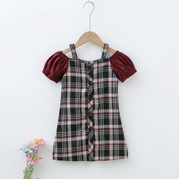 

Toddler Girls Plaid Cold Shoulder Puff Sleeve Dress, Multicolor