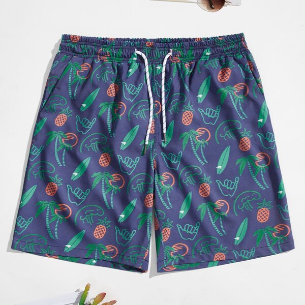 

Men Tropical And Pineapple Drawstring Swim Trunks, Navy blue