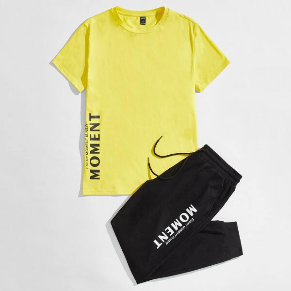 

Men Slogan Graphic Tee and Drawstring Waist Joggers Set, Multicolor