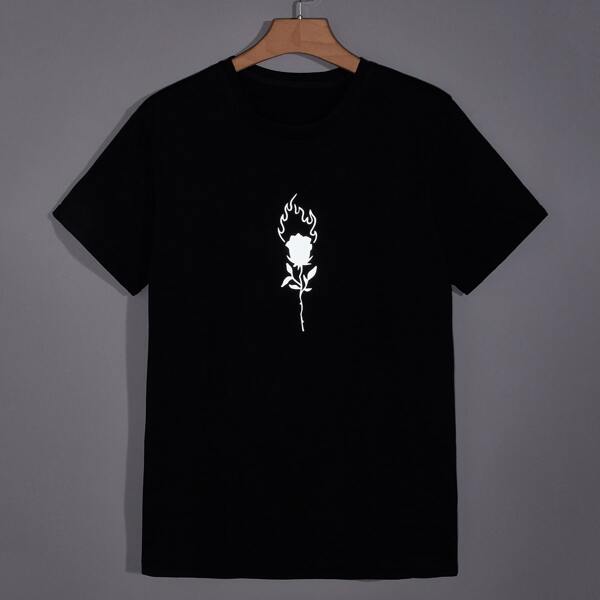

Men Reflective Floral Print Tee, Black