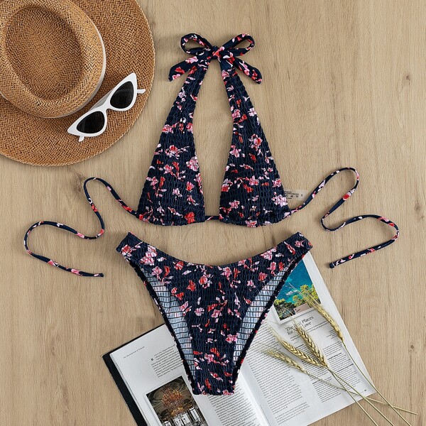 

Random Floral Smocked Halter Bikini Swimsuit, Multicolor
