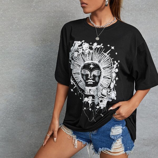 

Cartoon Graphic Drop Shoulder Tee, Black