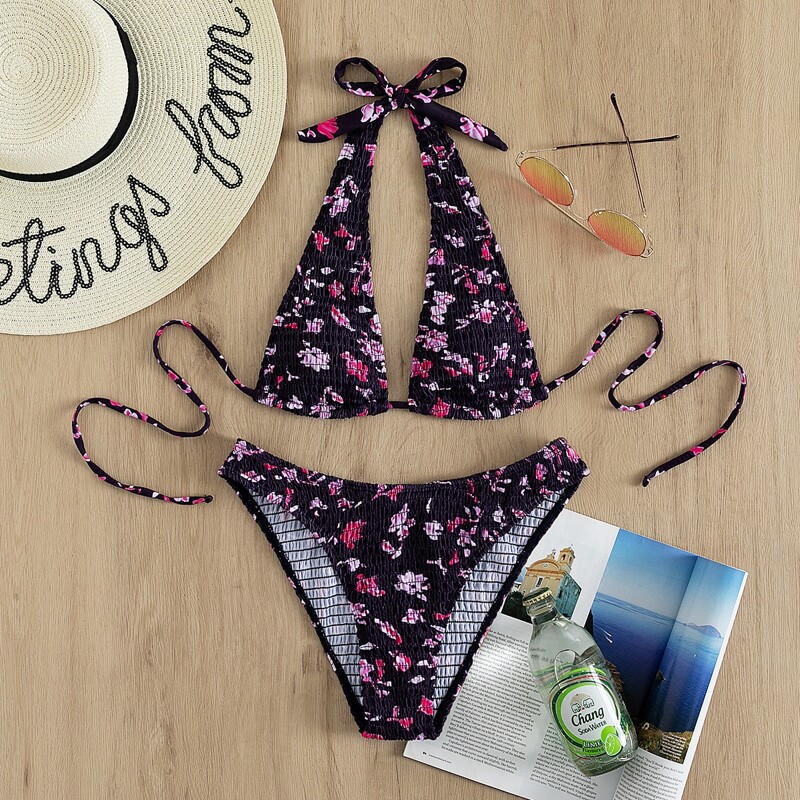

Random Floral Smocked Halter Bikini Swimsuit, Multicolor