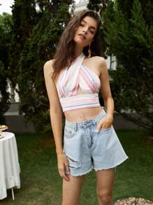 SHEIN Unity 交叉圍裹前挖空綁結後開式上衣 - 彩色 - 查看 1