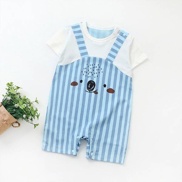 

Baby Boy Cartoon And Striped Romper, Blue
