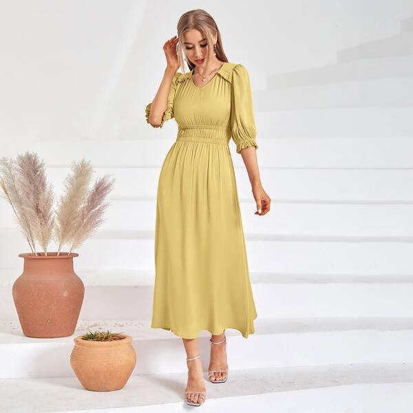 

Flounce Sleeve Shirred A-line Dress, Mustard yellow