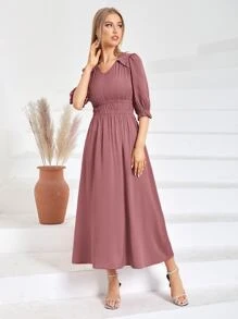 Modelyn 素色荷葉邊袖A字型洋裝