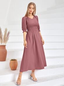 Modelyn 素色荷葉邊袖A字型洋裝