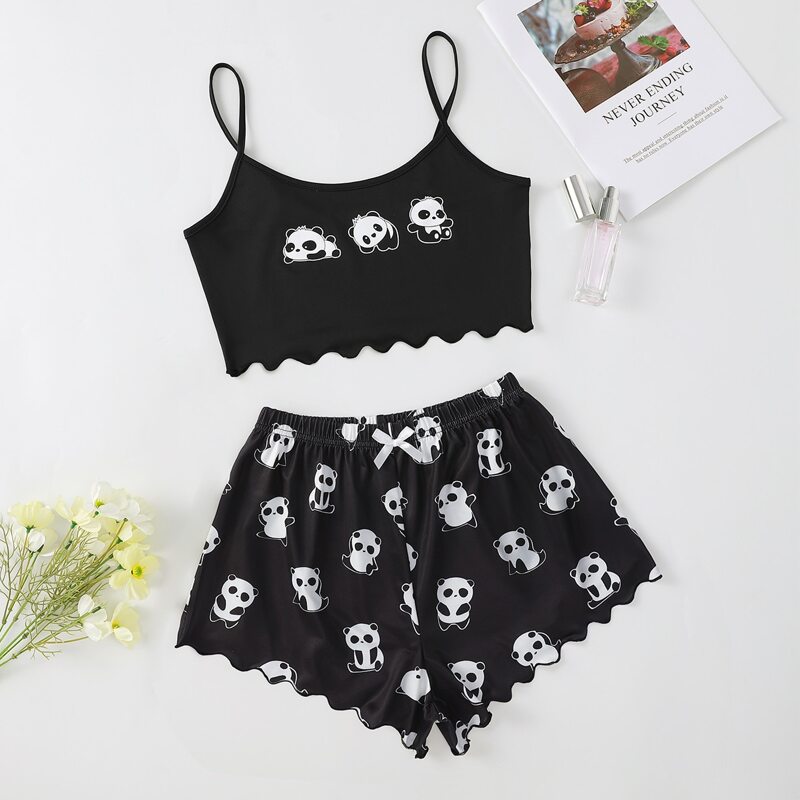 

Panda Print Lettuce Edge Cami Top and Shorts PJ Set, Black