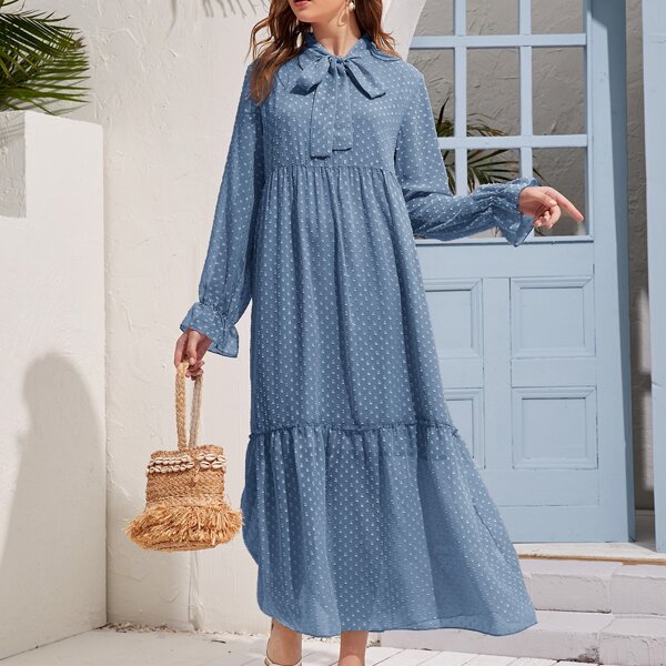 

Tie Neck Swiss Dot Flounce Sleeve Dress, Blue