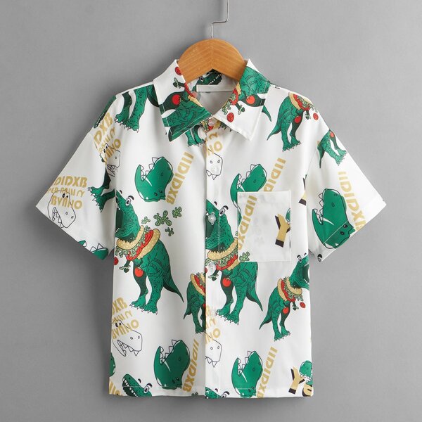 

Toddler Boys Cartoon Dinosaur & Letter Pocket Shirt, Multicolor