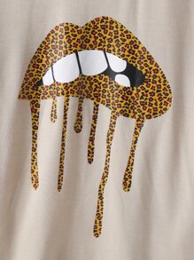 小女童嘴唇和獵豹圖案T恤 - 卡其色 - 查看 4