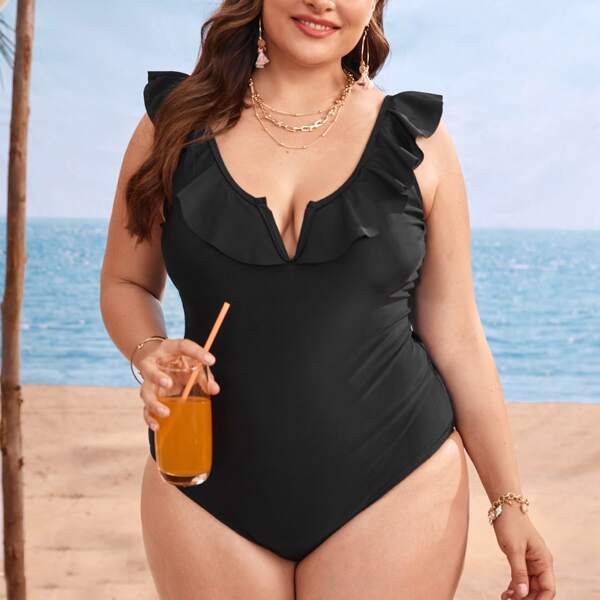 

Plus V Wired Ruffle Trim One Piece Swimsuit, Black