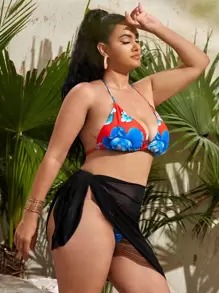 SHEIN Swim Curve Plus Size 3packs Floral Triangle Bikini Set & Beach Skirt Summer Beach - Multicolor - View 4
