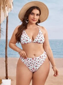 Plus Size Ditsy Floral Halter Triangle Set Bộ bikini đi biển mùa hè - Nhiều màu - Xem 1