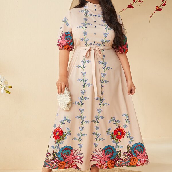 

Plus High Neck Puff Sleeve Shell & Floral Print Belted Dress, Apricot