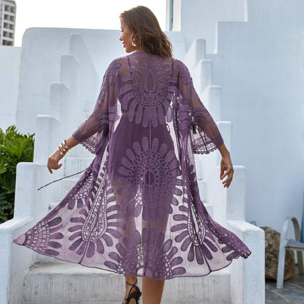 

Sheer Embroidered Mesh Tie Front Kimono, Mauve purple