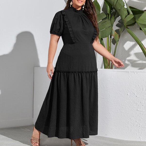 

Plus Stand Collar Ruffle Trim Dress, Black