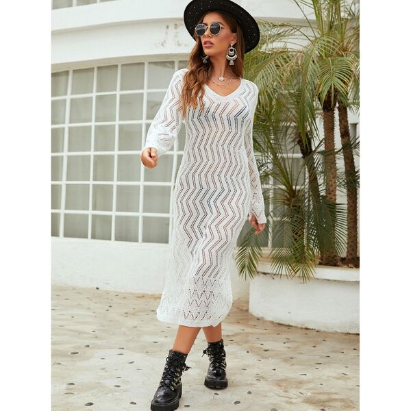 

Knitted Long Sleeve Cover Up, White