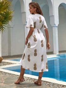 Breezaya Pineapple Print V-Neck Dress - White - View 2