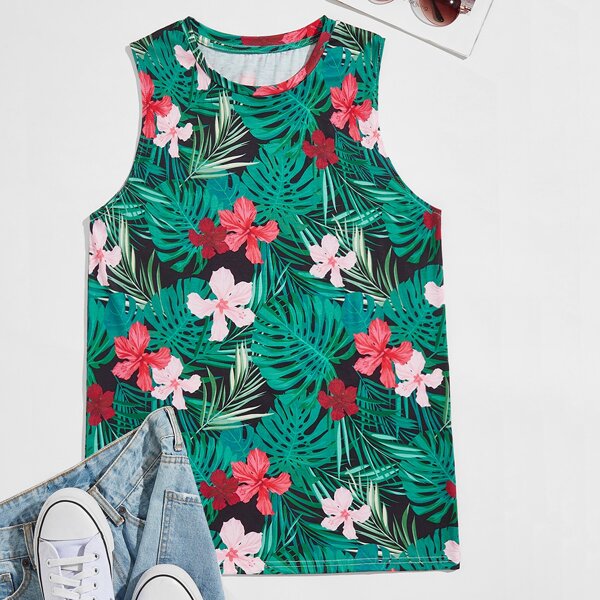 

Men Tropical Print Tank Top, Green