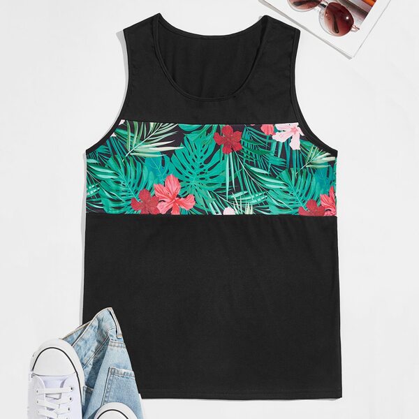 

Men Tropical Panel Tank Top, Black