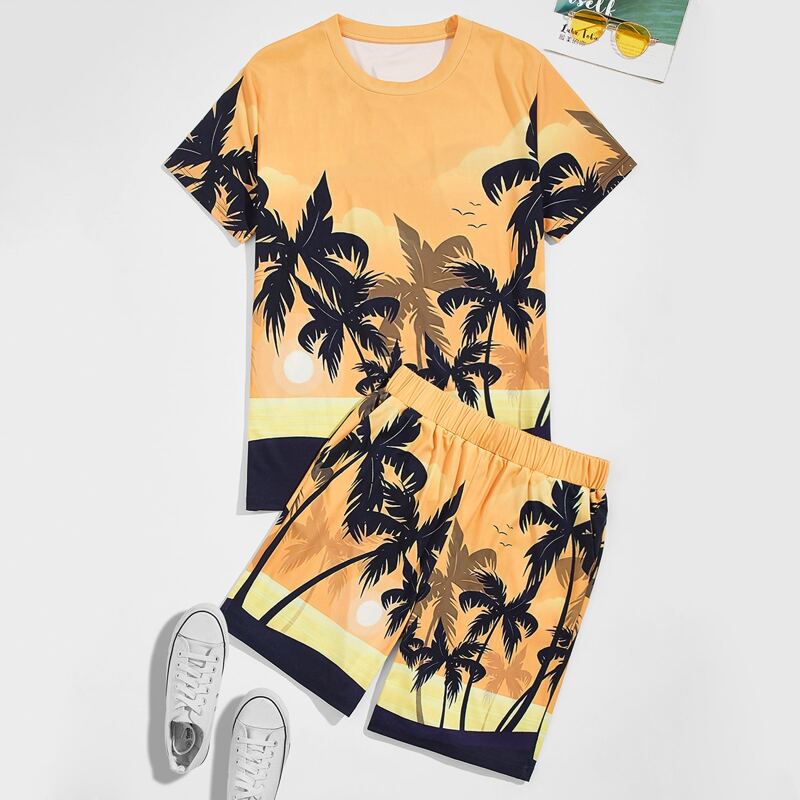 

Guys Tropical Print Tee With Slant Pocket Shorts, Multicolor
