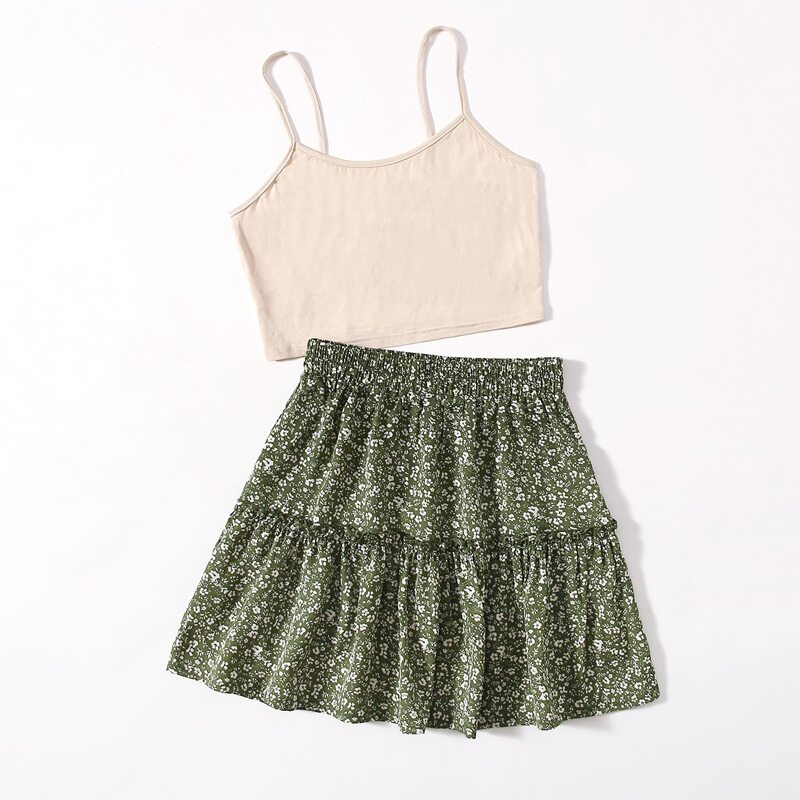 

Solid Crop Cami & Ditsy Floral Skirt, Multicolor