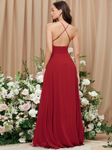 SHEIN Belle Váy phù dâu hở lưng Crisscross xẻ đùi, Váy cưới - Màu Đỏ Sâu - Xem 2