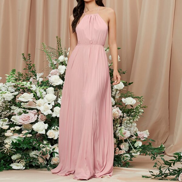 

Tie Back Pleated Halter Dress, Baby pink