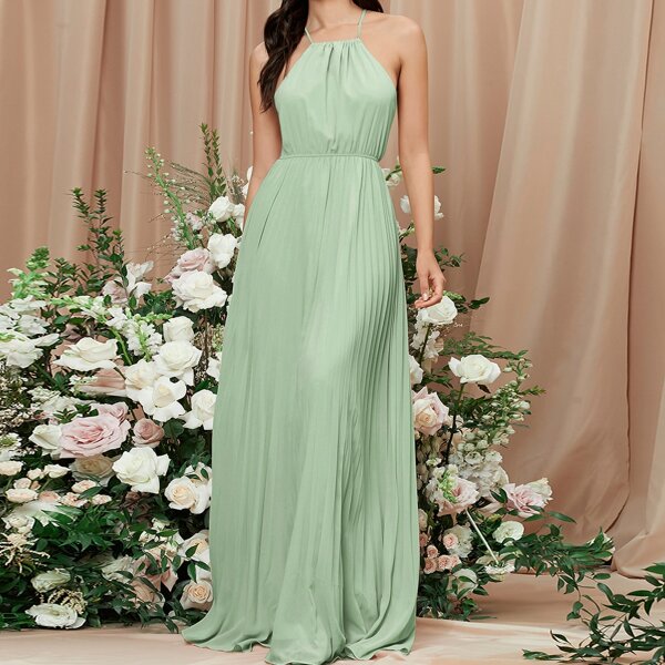 

Tie Back Pleated Halter Dress, Mint green