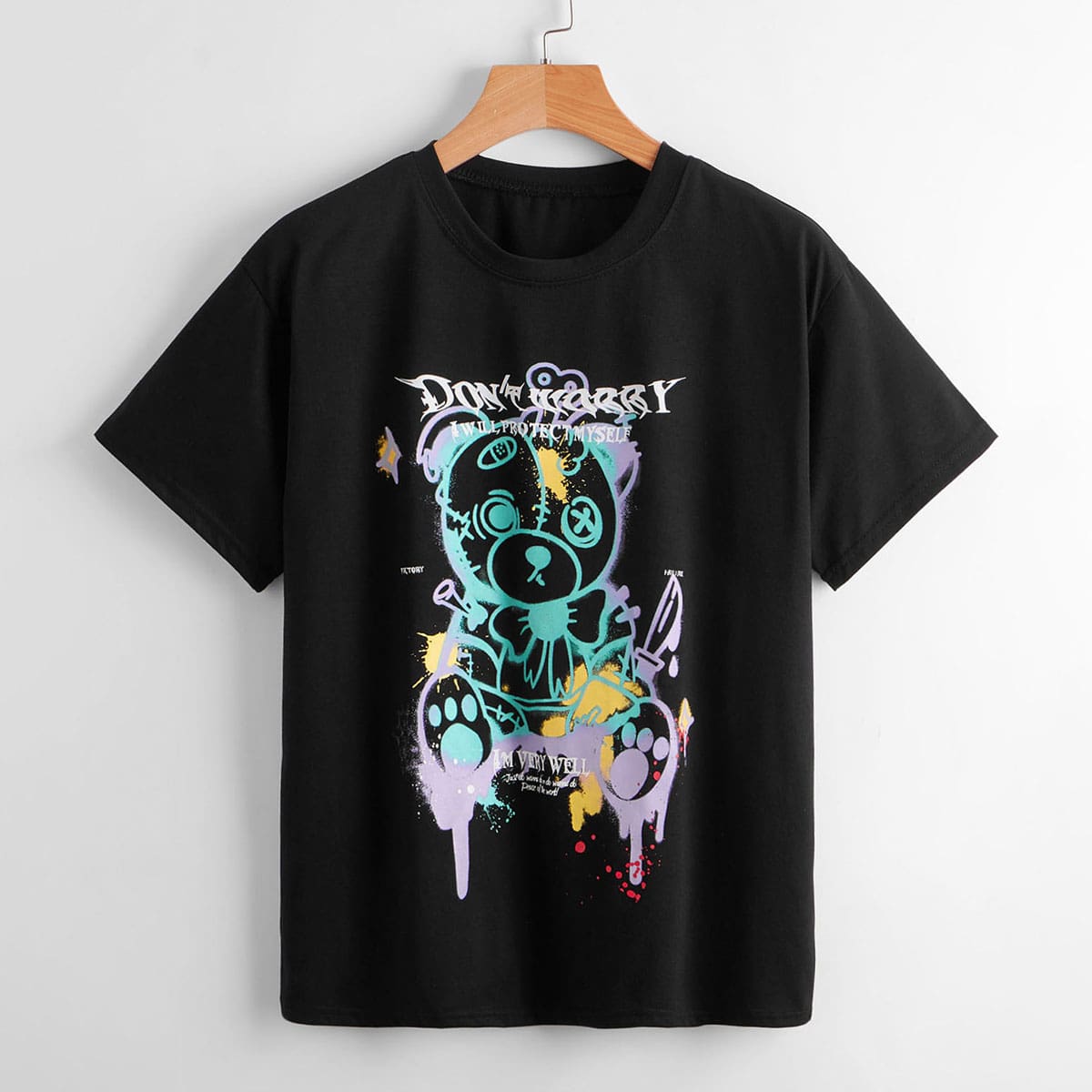 

Letter Cartoon Bear Graphic Tee, Black
