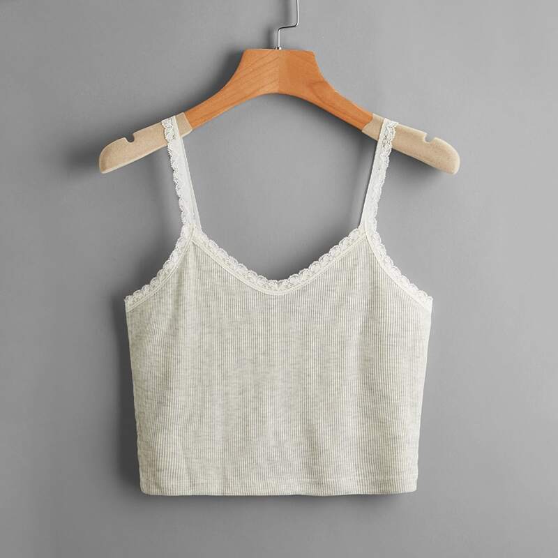 

Contrast Lace Crop Cami, Light grey