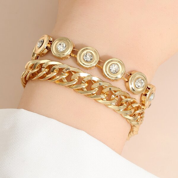

2pcs Rhinestone Decor Link Bracelet, Gold