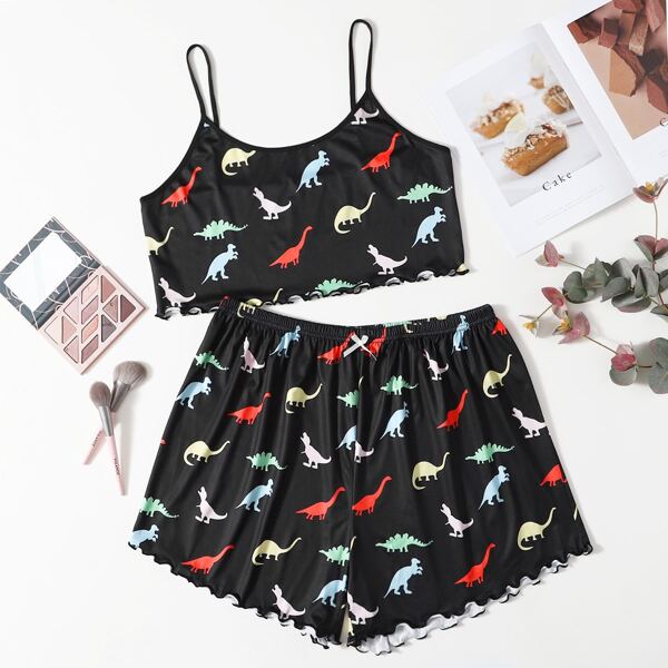 

Plus Cartoon Dinosaur Print Lettuce Trim Pajama Set, Black