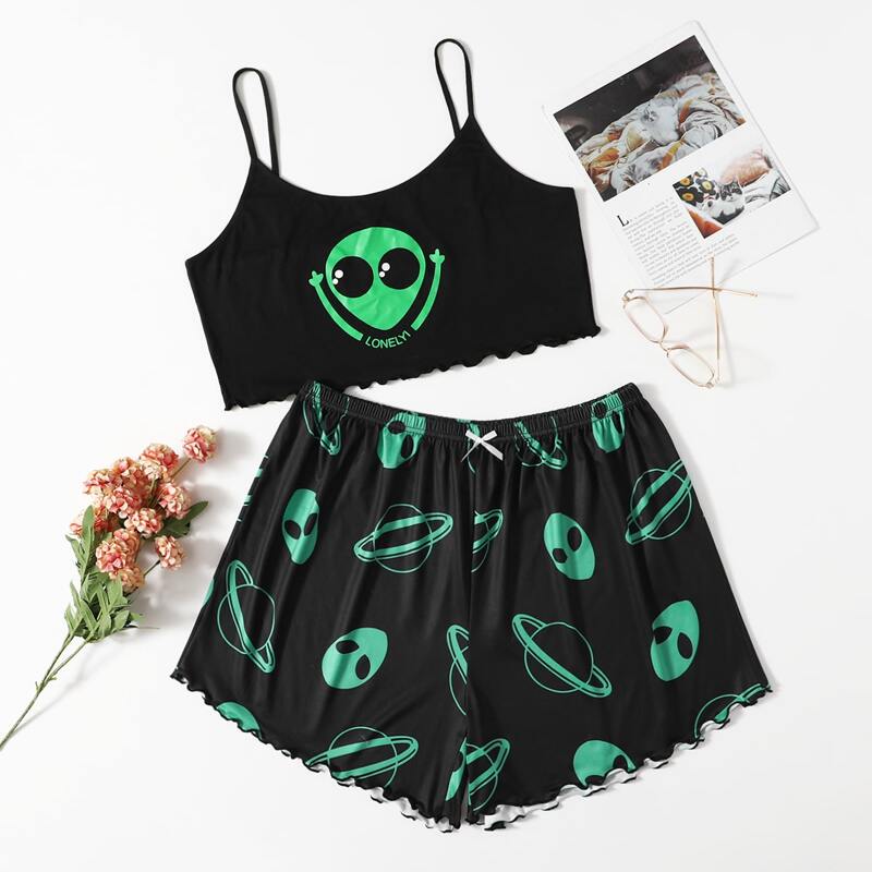 

Plus Alien Print Cami Pajama Set, Black