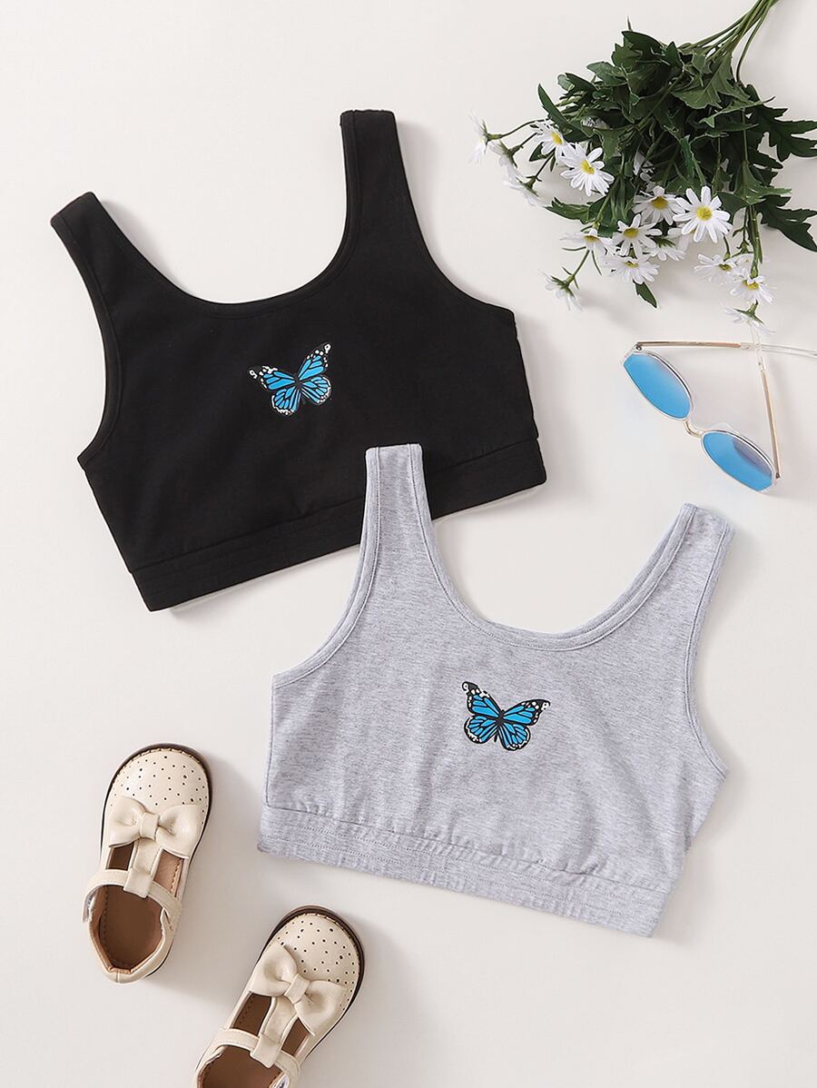 SHEIN Tween Girls 2 Packs Butterfly Print Crop Tank Top - Multicolor - View 1