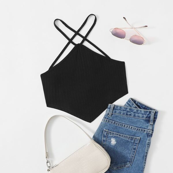

Lace Up Backless Bandana Halter Top, Black