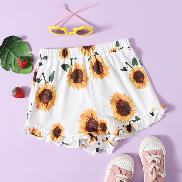 

Girls Sunflower Print Ruffle Hem Shorts, White