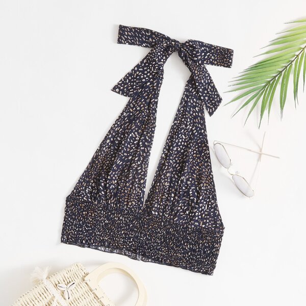 

Shirred Open Back Allover Print Knot Halter Top, Navy blue