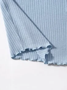 SHEIN Girls Lettuce Trim Embroidery Letter Rib-knit Dress - Dusty Blue - View 4