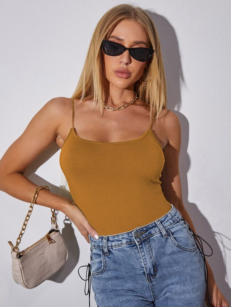 Solid Cami Bodysuit - Khaki - View 5