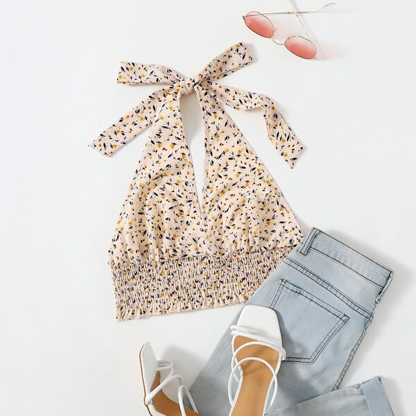 

Shirred Open Back Ditsy Floral Print Knot Halter Top, Beige