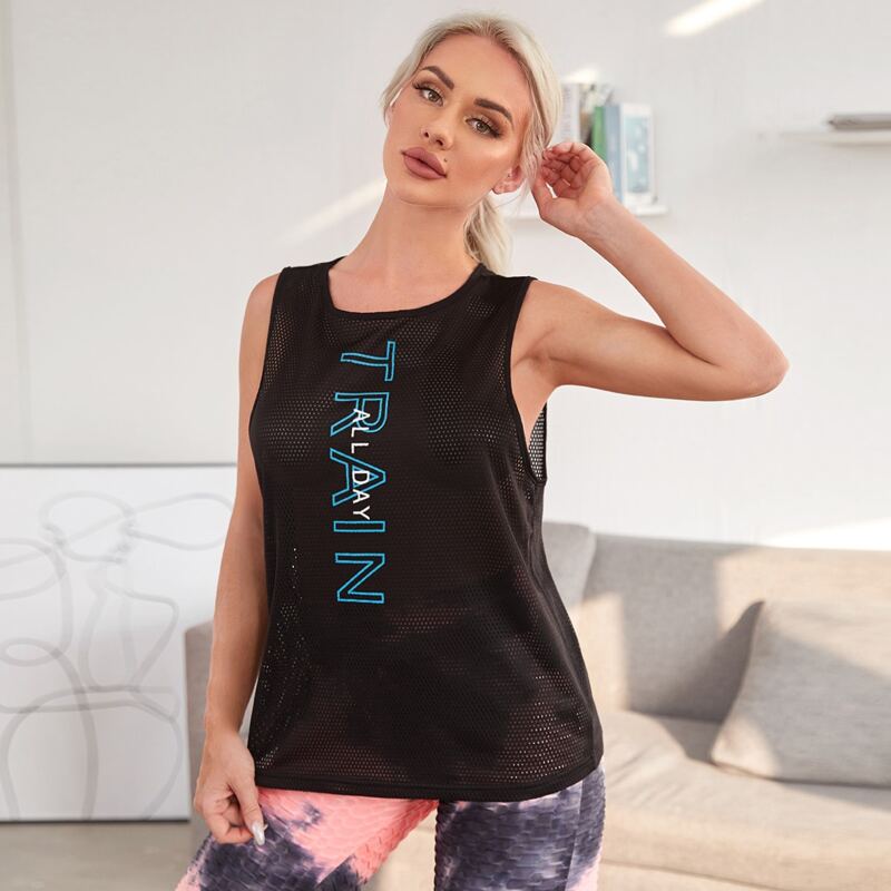 

Contrast Fishnet Letter Graphic Sports Tank Top, Black