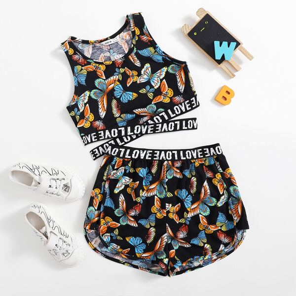 

Girls Butterfly Print Letter Tape Crisscross Hem Tank Top & Shorts Set, Multicolor