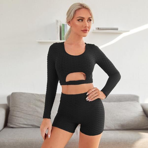 

Cut-out Textured Knit Sports Set, Black