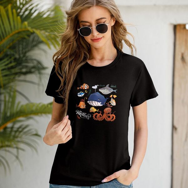

Fish And Letter Graphic Tee, Black